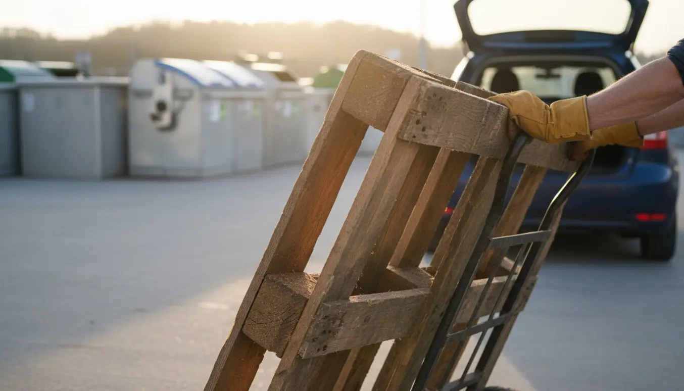 En brugt træpalle med savsmuld læsses i en bil ved genbrugspladsen.