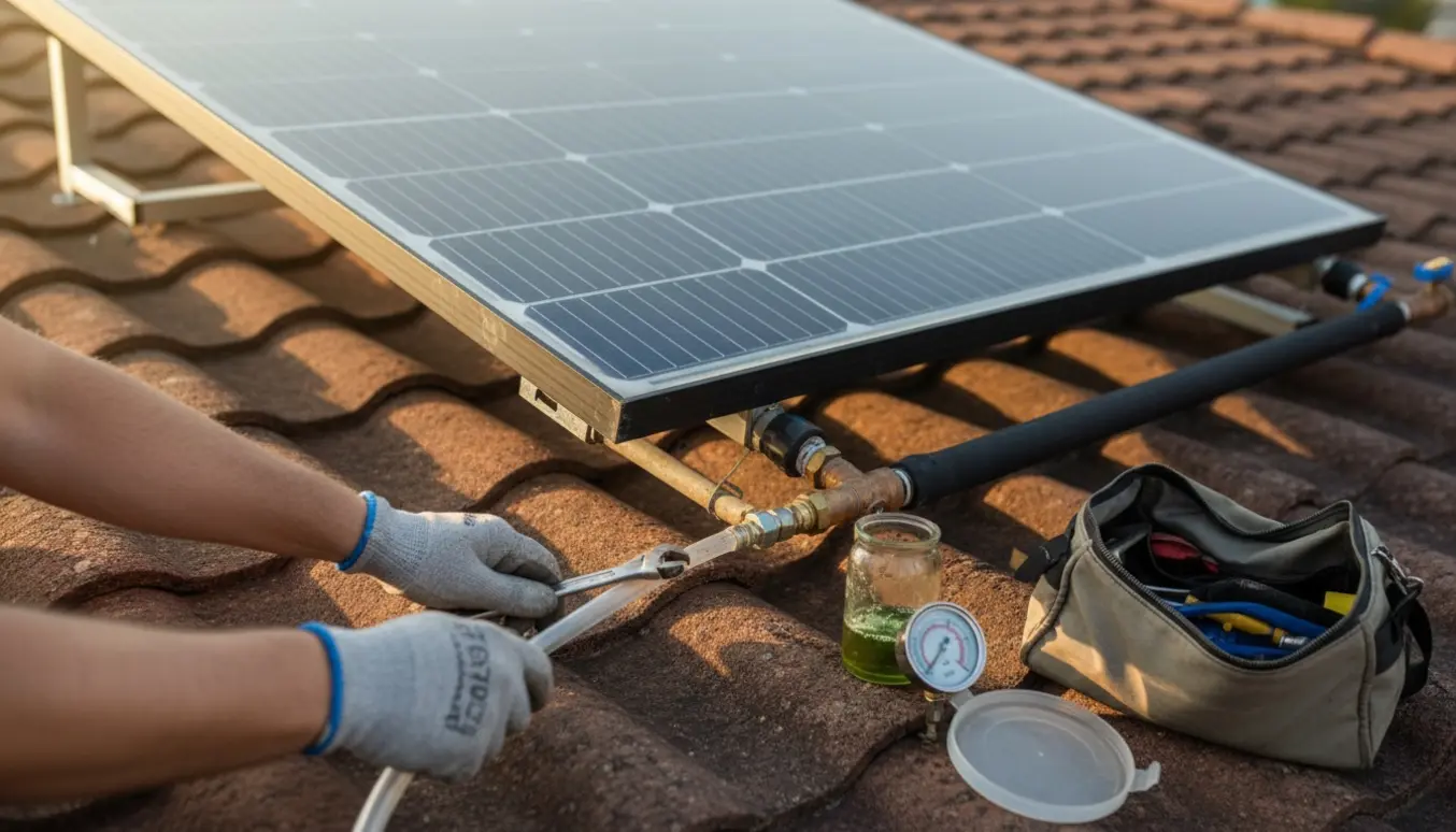 Tekniker servicerer et væskebåret solpanel på taget med handsker, værktøj og service-slange tilsluttet manifolden.