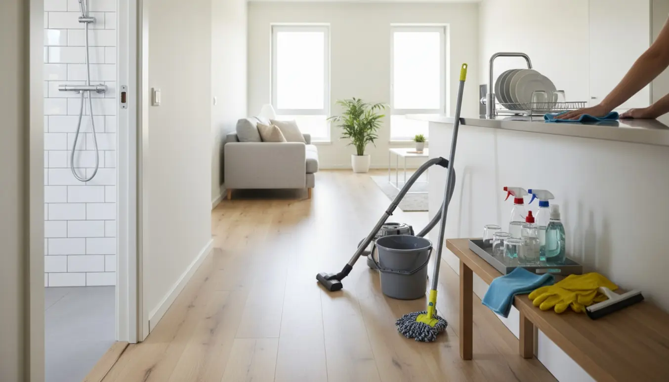Lys lejlighed med rengøringsudstyr på gulvet og hænder, der tørrer et køkkenbord.