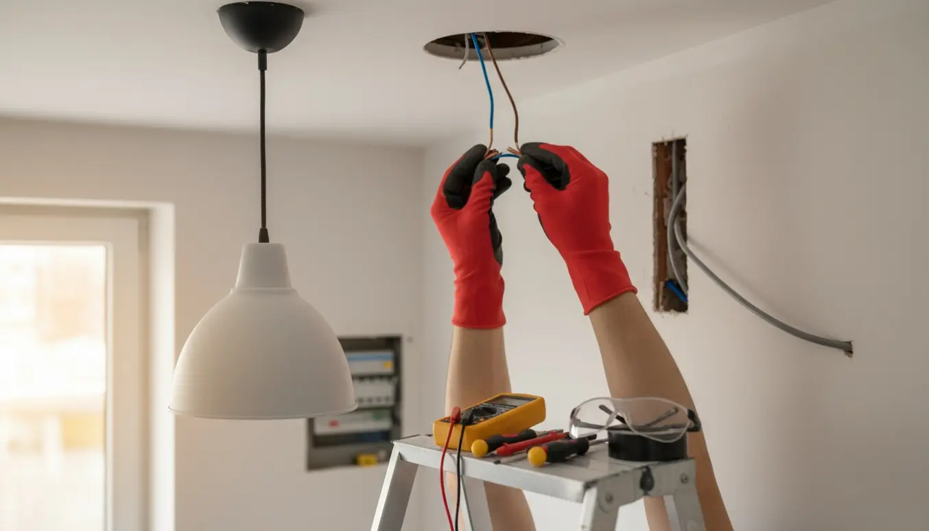 Nærbillede af hænder, der forbinder ledninger i en åben loftdåse for at etablere strøm til en ny lampe.