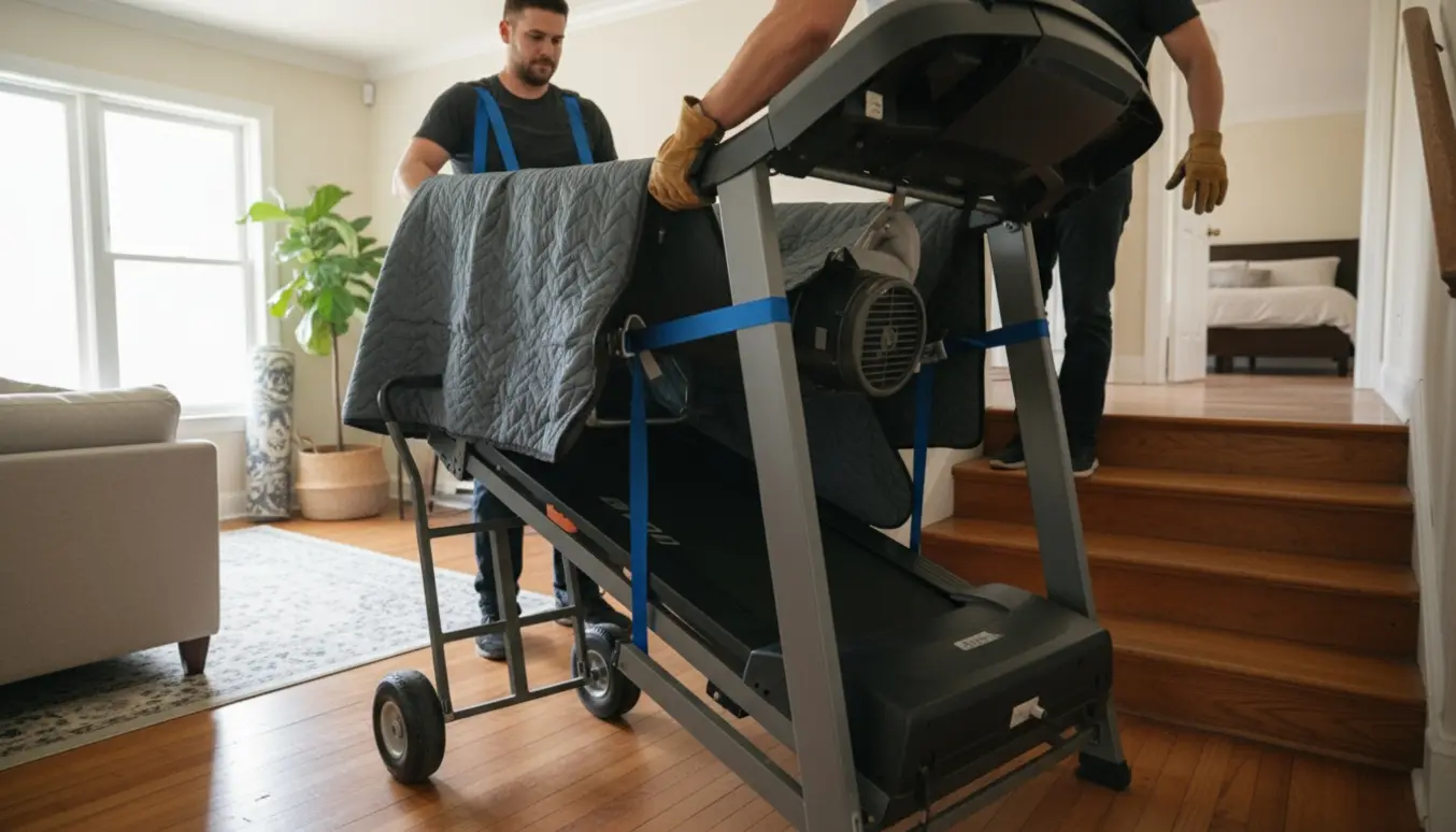 To personer bærer et tungt løbebånd op ad en trappe fra stuen til et værelse på 1. sal.