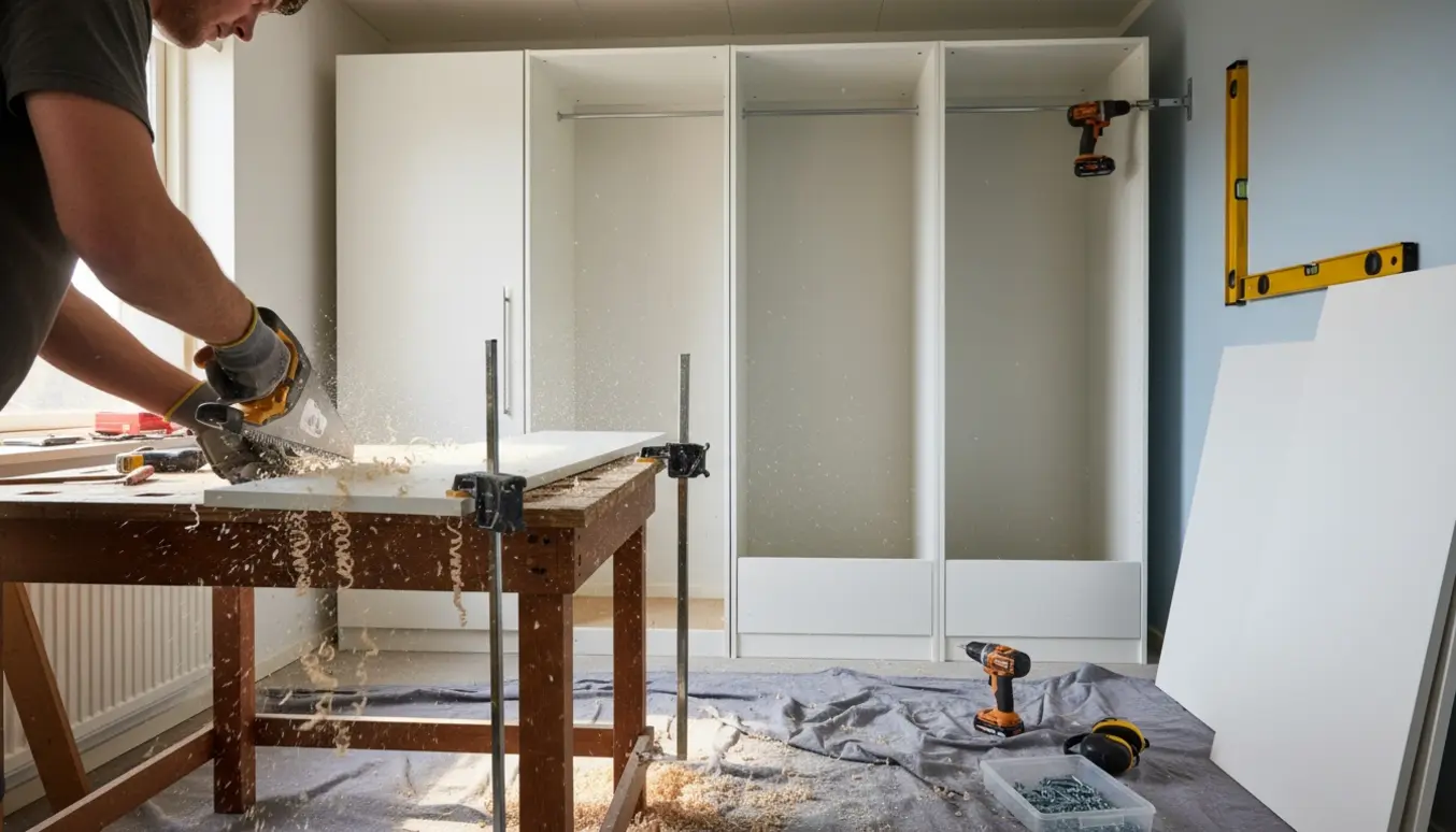 Tæt foto af tre garderobeskabe under montering, hvor soklen afkortes og skabet fastgøres mod væggen.