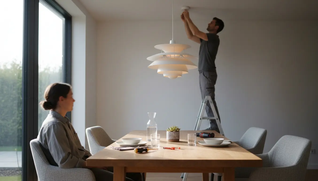 En hvid lagdelt hængelampe bliver monteret midt over et træspisebord, med en person på den modsatte side.