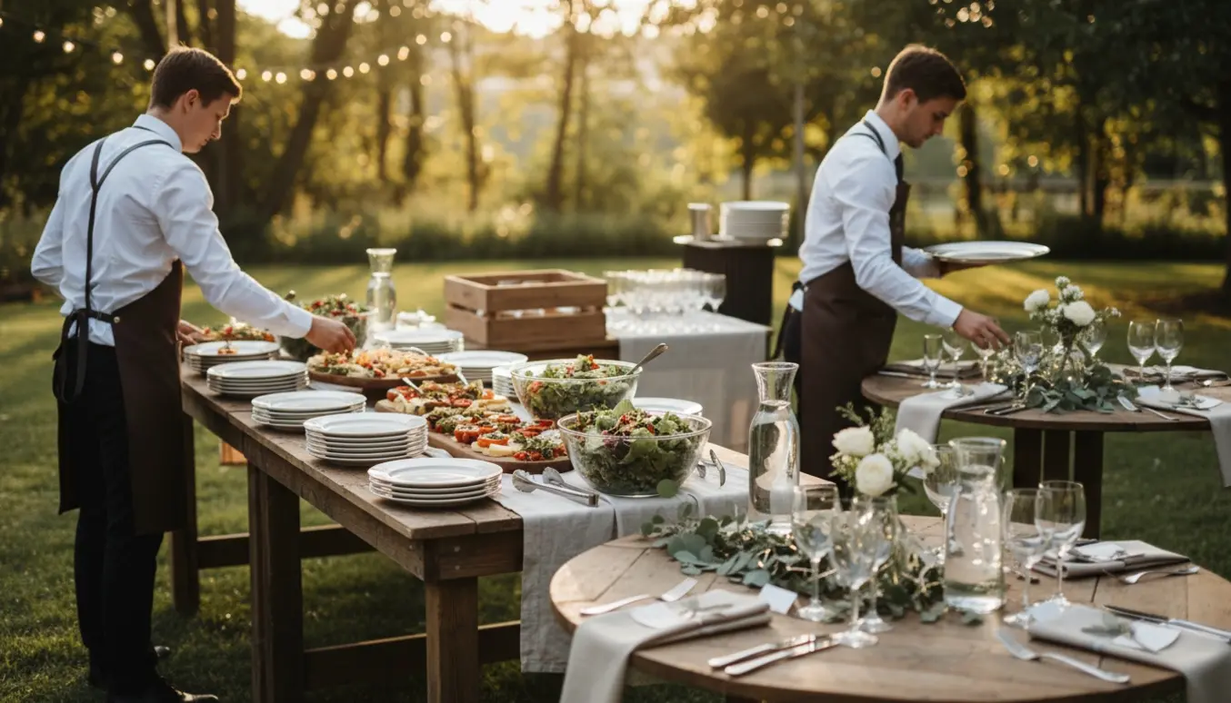 To tjenere arrangerer buffet og fylder vin ved et havebryllup i aftenslys.