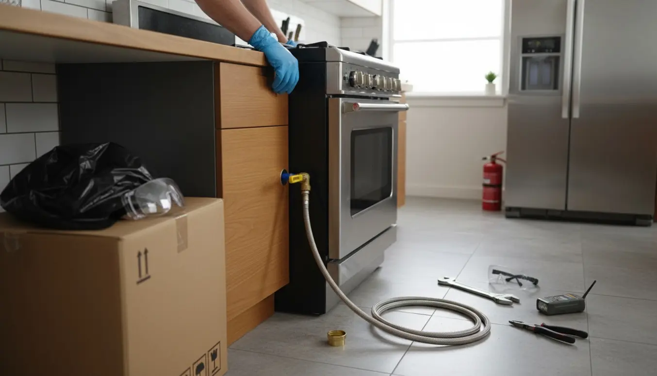 Afmontering af gaskomfur i køkken med handsker, skruenøgle og afmonteret gasledning klar til bortskaffelse.