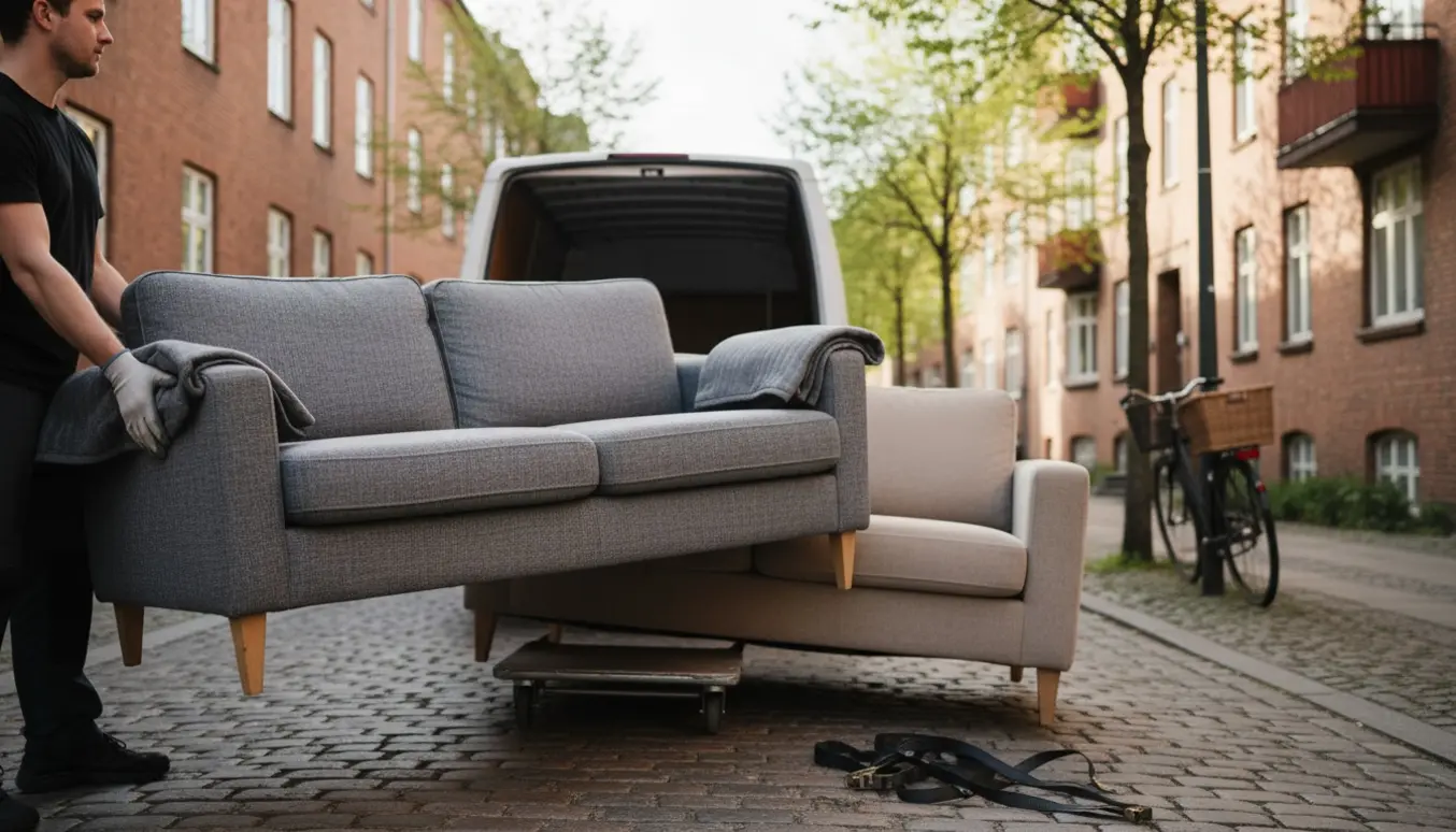 To sofaer bliver afhentet til storskrald fra en Østerbro-gade og løftet ind i en varevogn.