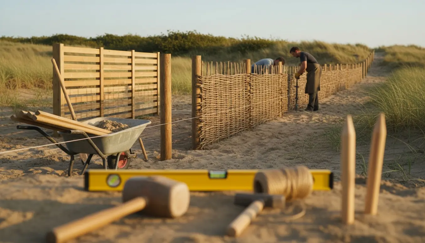 Opsætning af lamel- og pilehegn på skrånende sandjord med værktøj og delvist færdigt hegn.