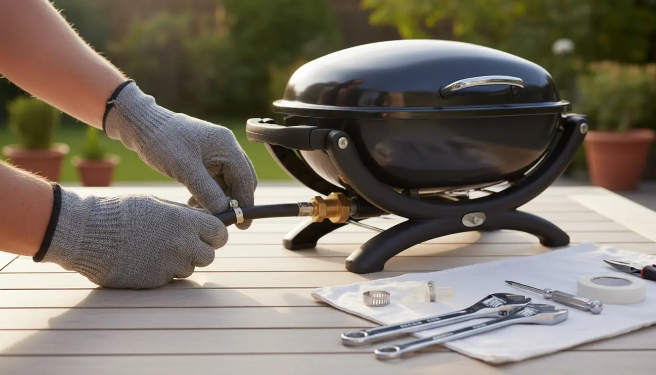 Nærbillede af hænder, der udskifter en ødelagt slangeklemme på en gasgrill på en terrasse.