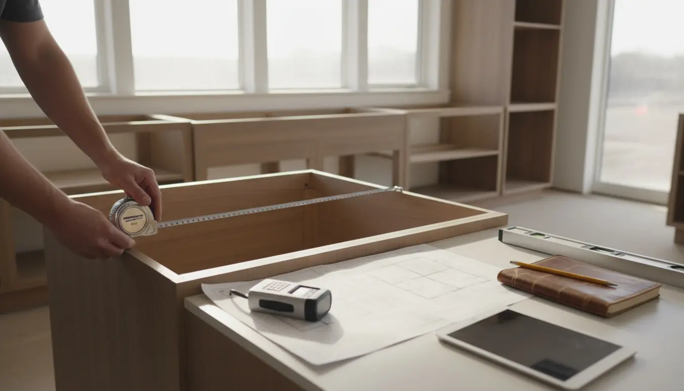 Hænder måler og noterer opmålinger i et delvist færdigt køkken med målebånd og plantegning.