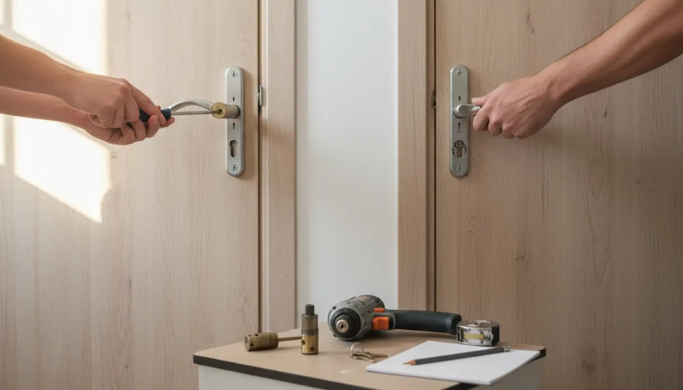 Hænder fjerner gamle låsecylindre fra to lejlighedsdøre med værktøj på et bord i dagslys.