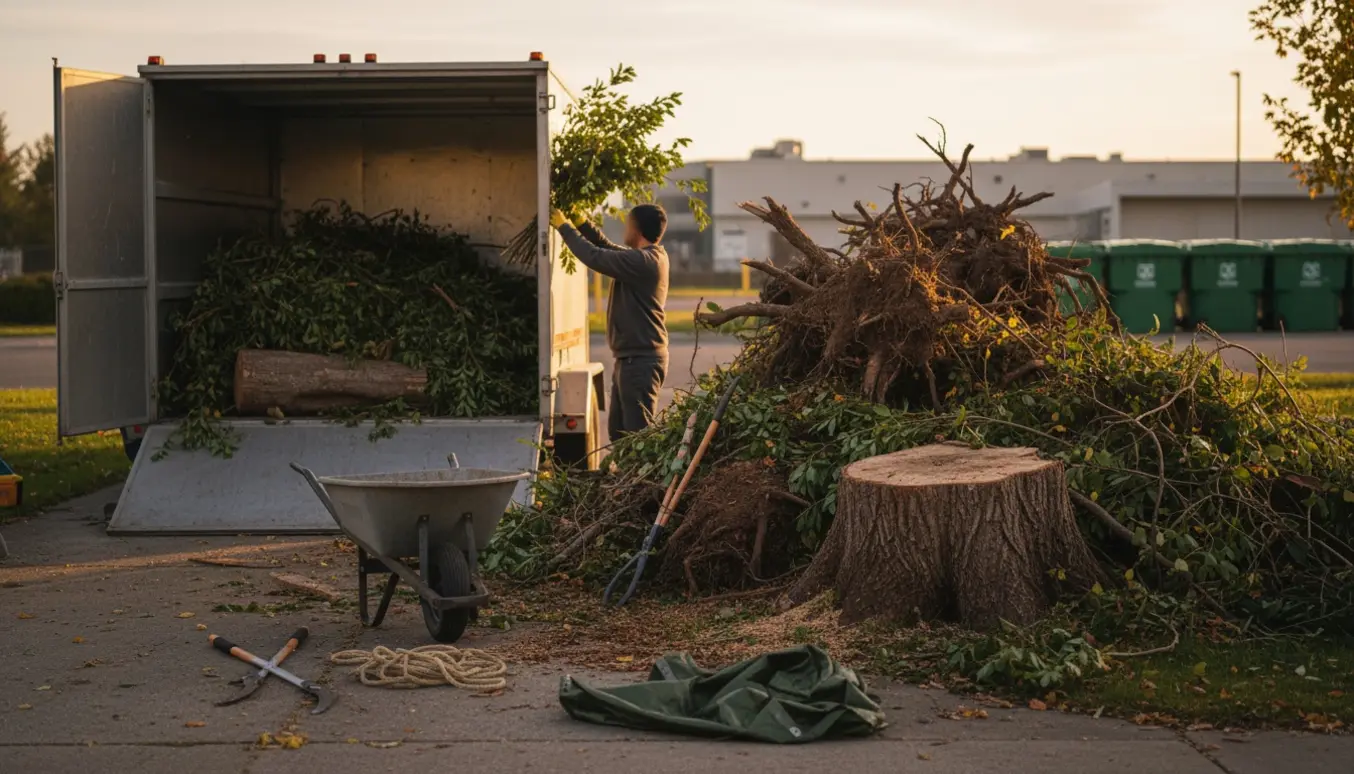 En trailer fyldes med haveaffald — grene, rødder og en træstub — på en indkørsel med redskaber ved siden af.