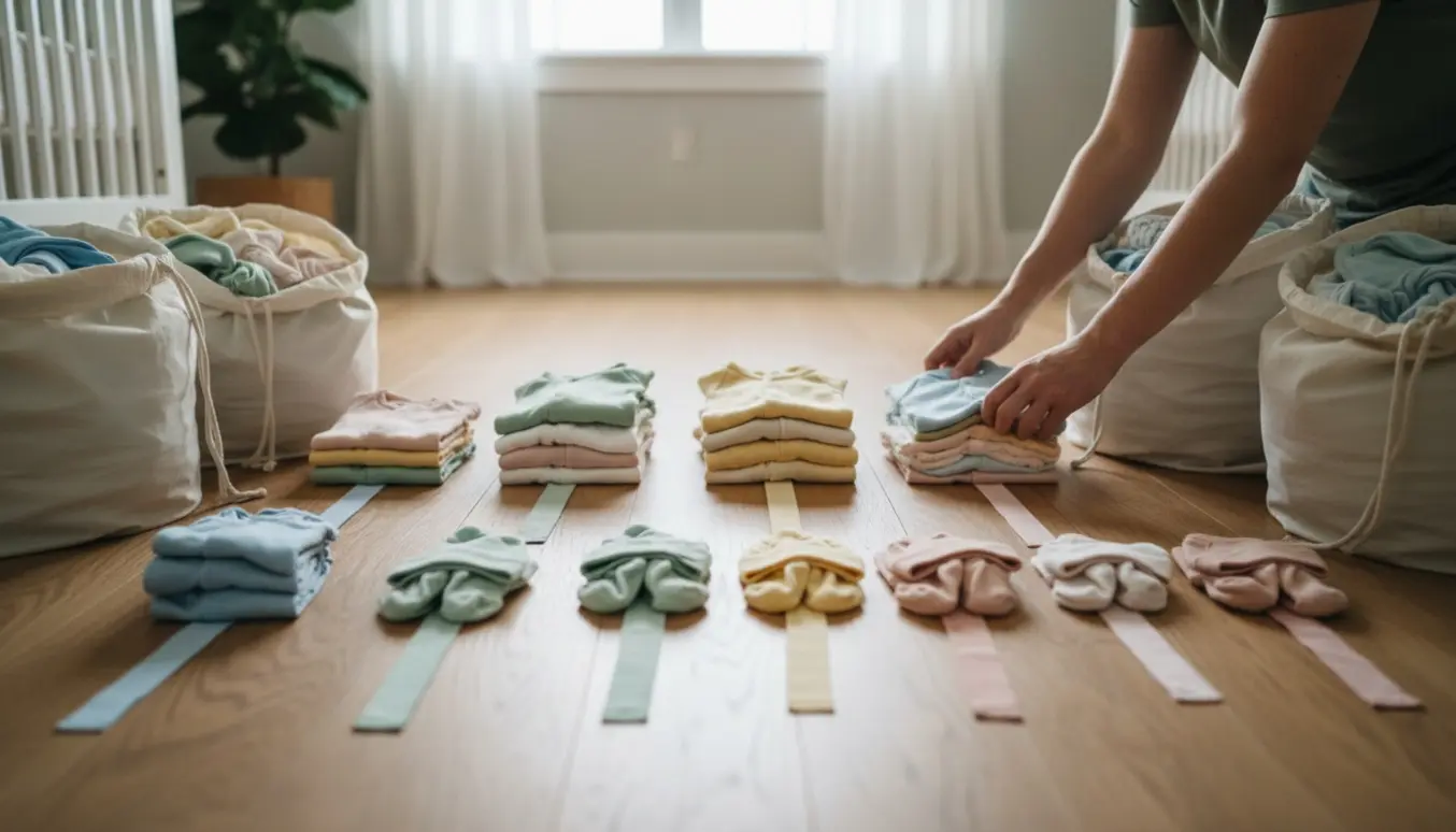 Hænder sorterer babytøj i fire bunker på et lyst trægulv med små bodystockings og sokker arrangeret efter størrelse.