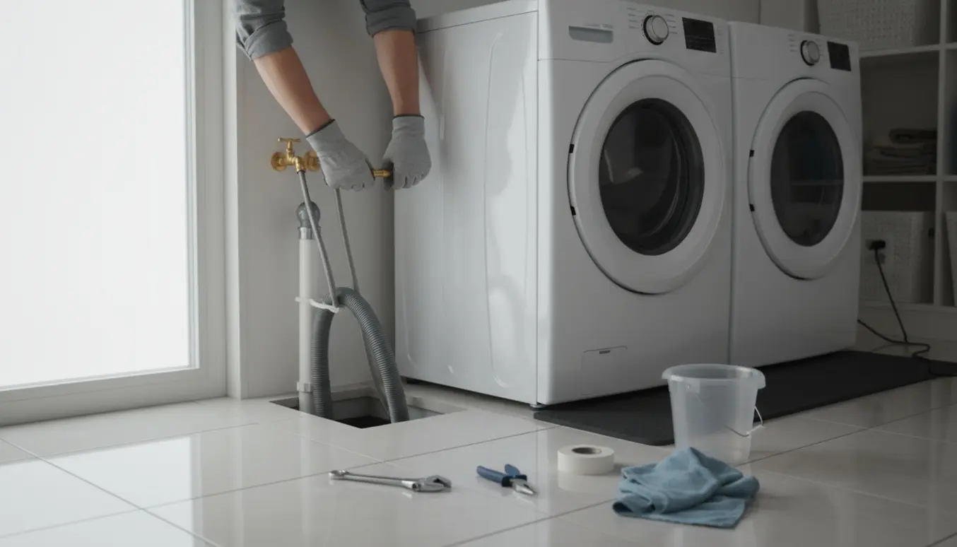 Nærbillede af tilslutning af vaskemaskine og tørretumbler med slanger, ventiler og værktøj i et lyst vaskerum.