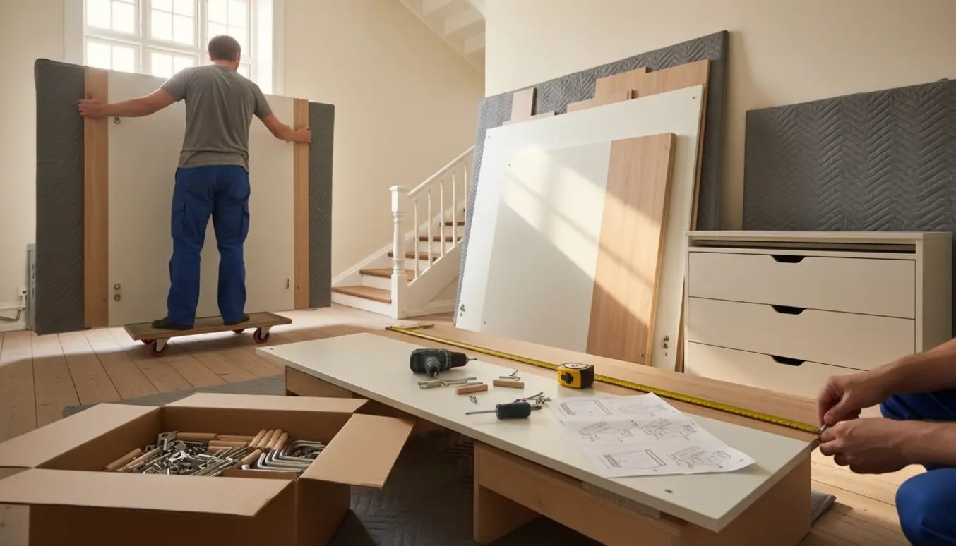 To personer samler og flytter et afmonteret PAX-garderobeskab i en lys opgang med værktøj og flytteudstyr.