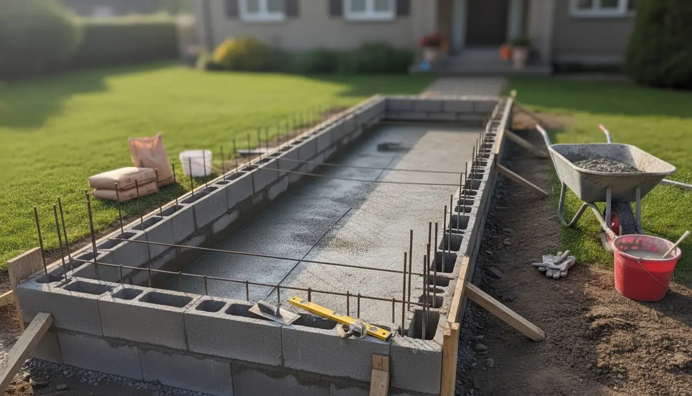 Fronthave med et bassin under opførelse: fundablokke, armering og frisk afstøbt beton i bunden.