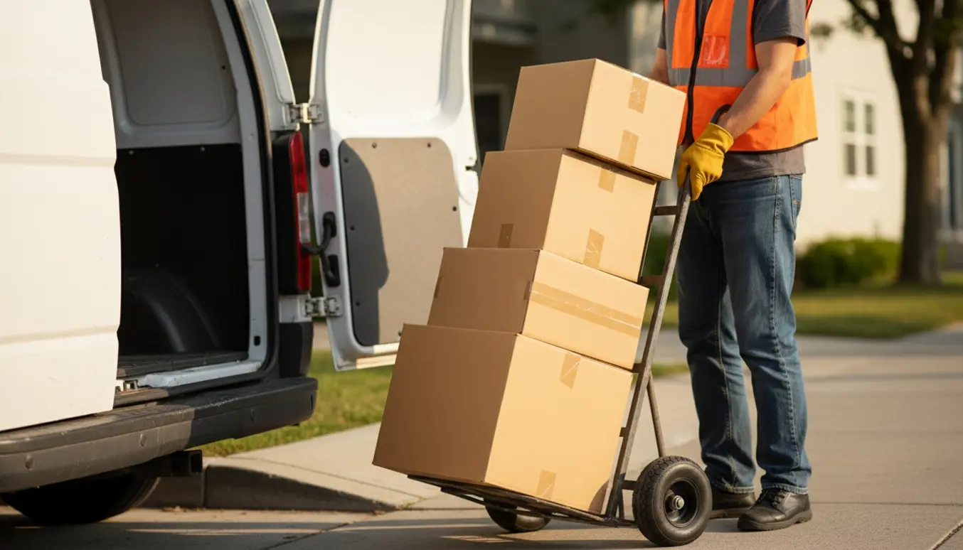 En person læsser 4-5 papkasser ind i en varevogn ved fortovet.