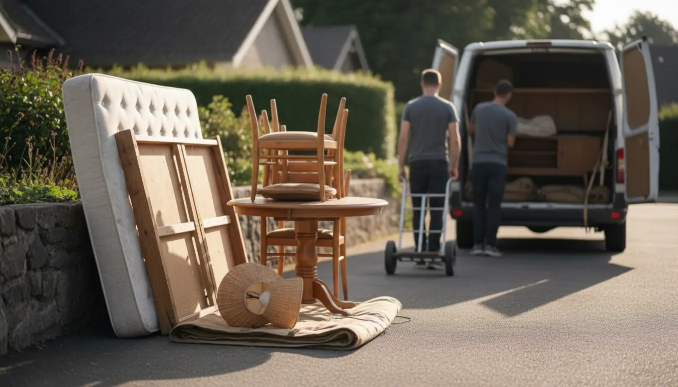 Møbler klar til bortskaffelse i en indkørsel: seng, rundt bord med fire stole, gulvlampe og tv-bord ved en åben varevogn.