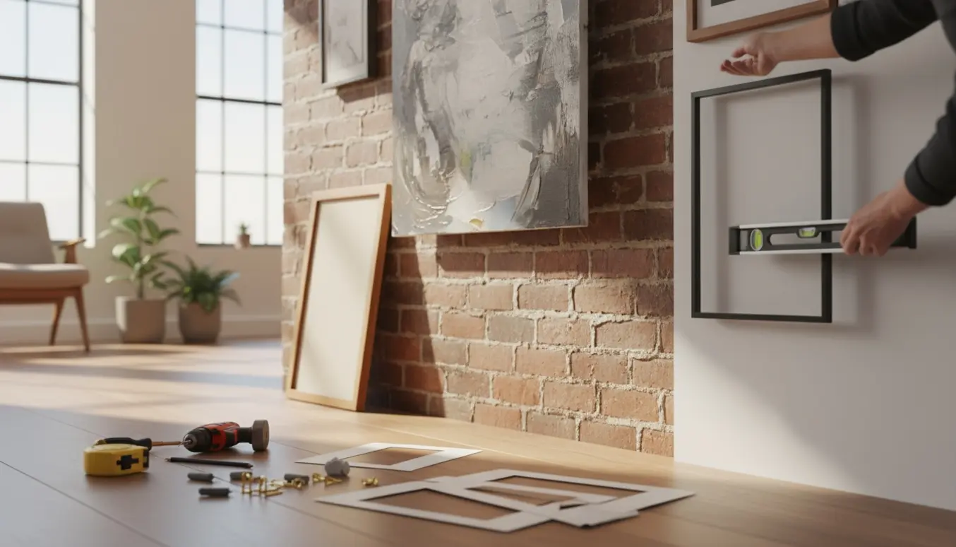 Hænder placerer et maleri og fire indrammede billeder på en murstens- og gipsvæg med værktøj og vaterpas ved siden af.