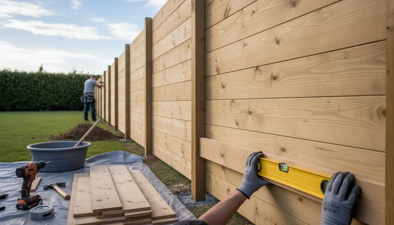 Arbejde på et træhegn på cirka 20 meter og 180 cm højde i en baghave.