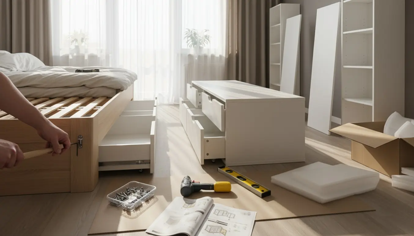 Lyst soveværelse med delvist samlede møbler, værktøj og hænder der arbejder på et fladt pakkesengestel.