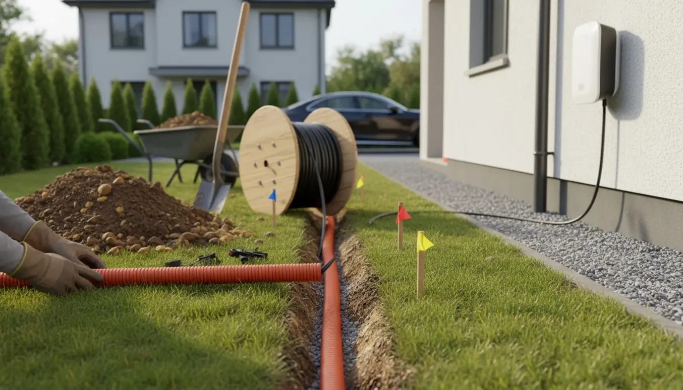 Gloved hænder lægger beskyttelsesrør i en grøft til elkabel med ladestander på husmuren i baggrunden.