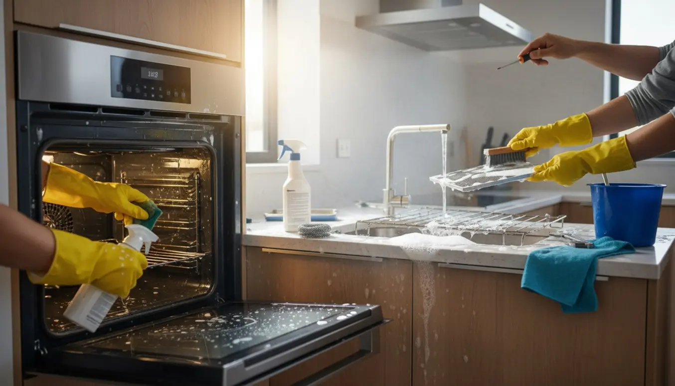 Gule handsker skrubber en åben ovn og et afmonteret emhættefilter i et lyst, moderne køkken.