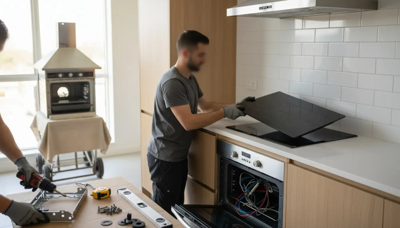 Teknikere (kun hænder synlige) udskifter en skråmonteret emhætte, induktionskogeplade og varmluftsovn i et moderne køkken.