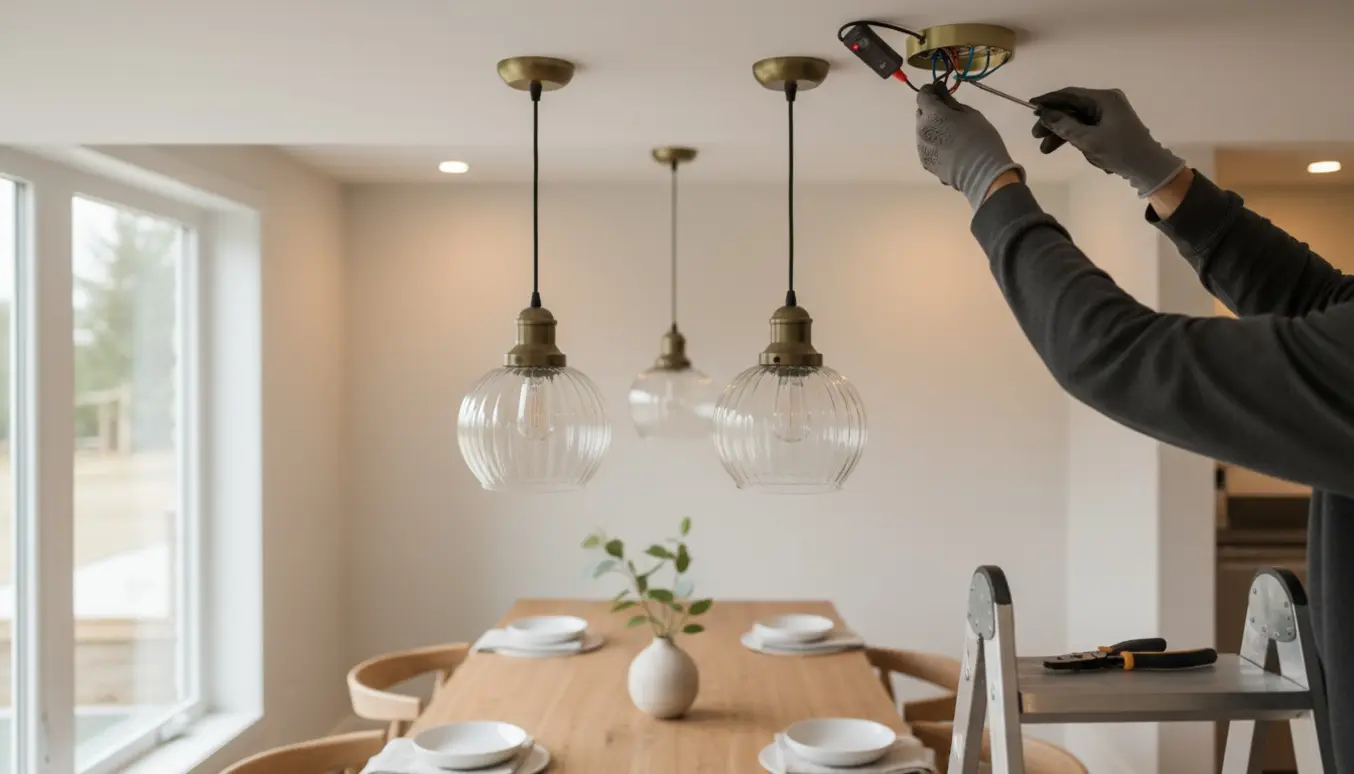Hænder monterer to pendellamper fra samme loftudtag over et spisebord, med værktøj og ledninger i fokus.