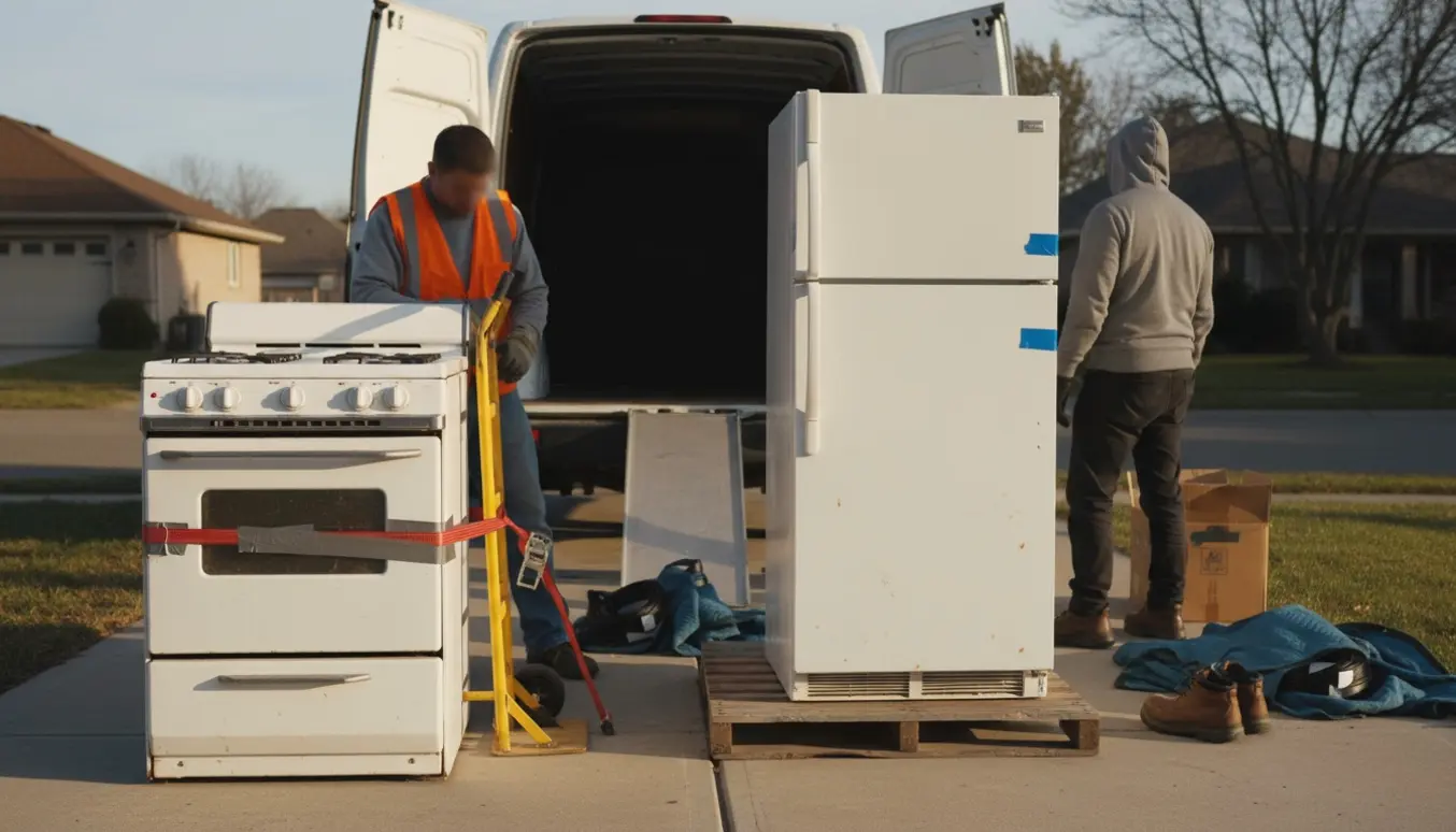 Et komfur og et køle-fryseskab læsses på en varebil med trillebør og flyttetæpper, ingen ansigter synlige.