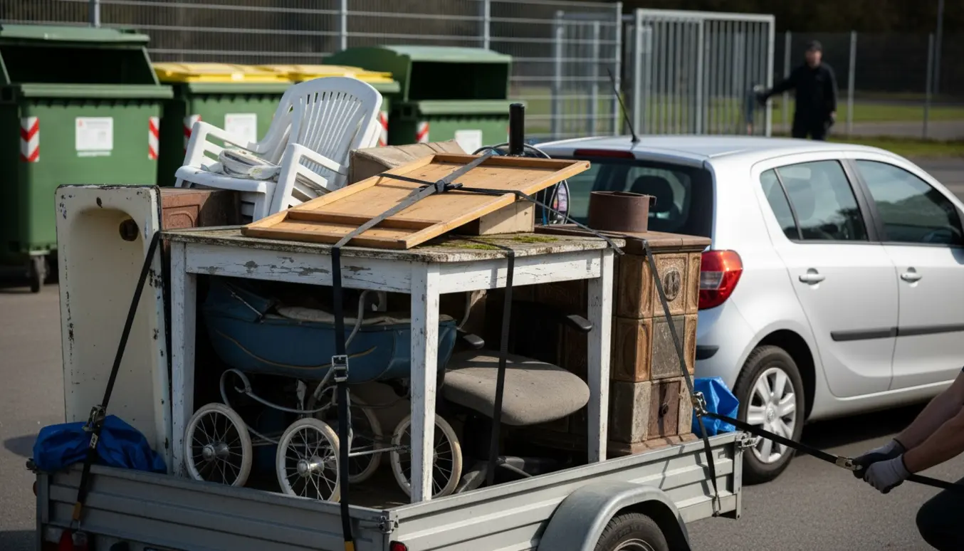 Åben trailer læsset med storskrald — havebord, plastikstol, badekarindsats, kakkelovn, kontorstol og barnevogn ved genbrugsplads.