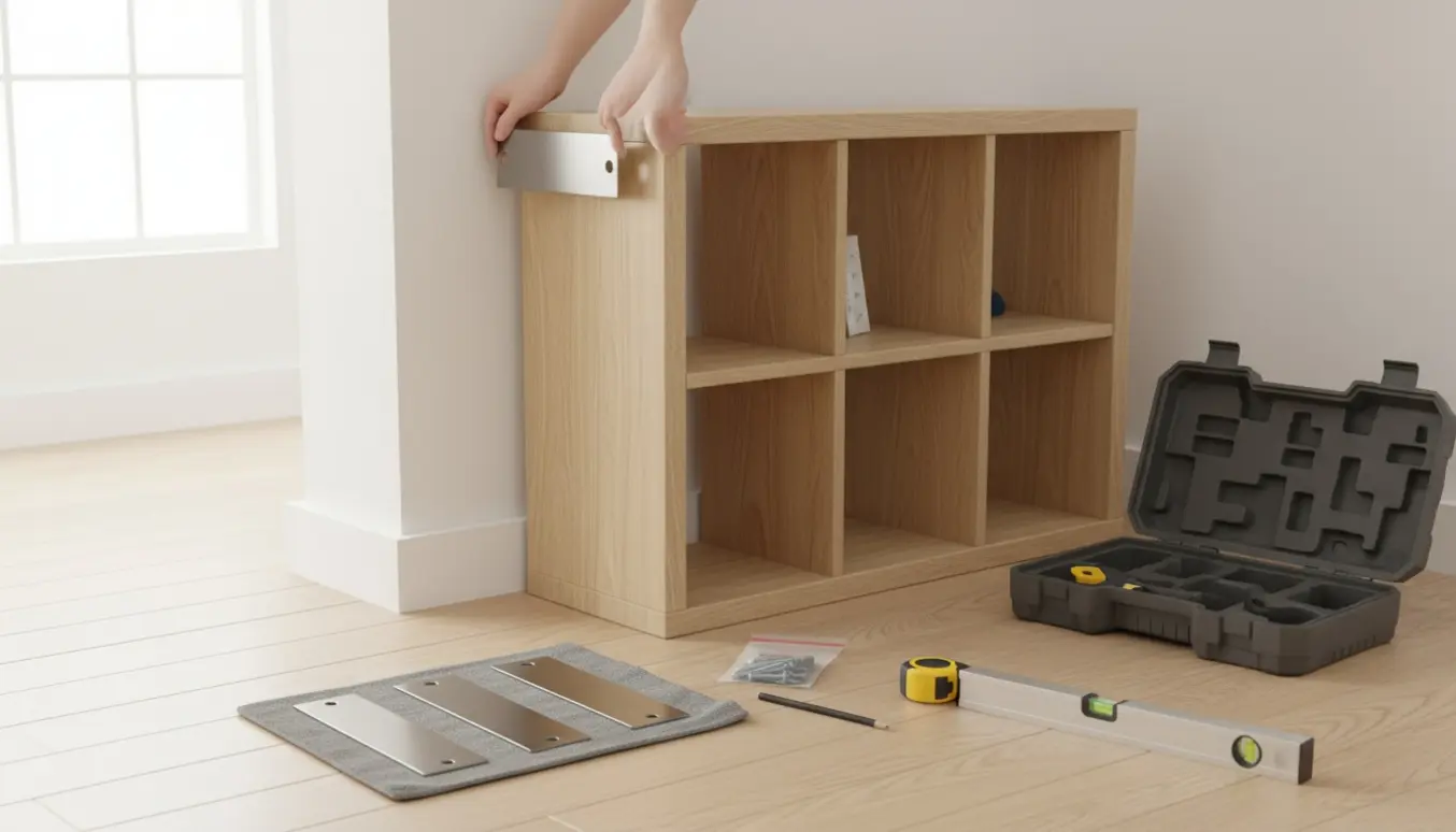 En 5-rums Kallax-reol står ved væggen med beslag, skruer og tomt værktøjskasse, mens hænder holder et beslag op for at markere montering.