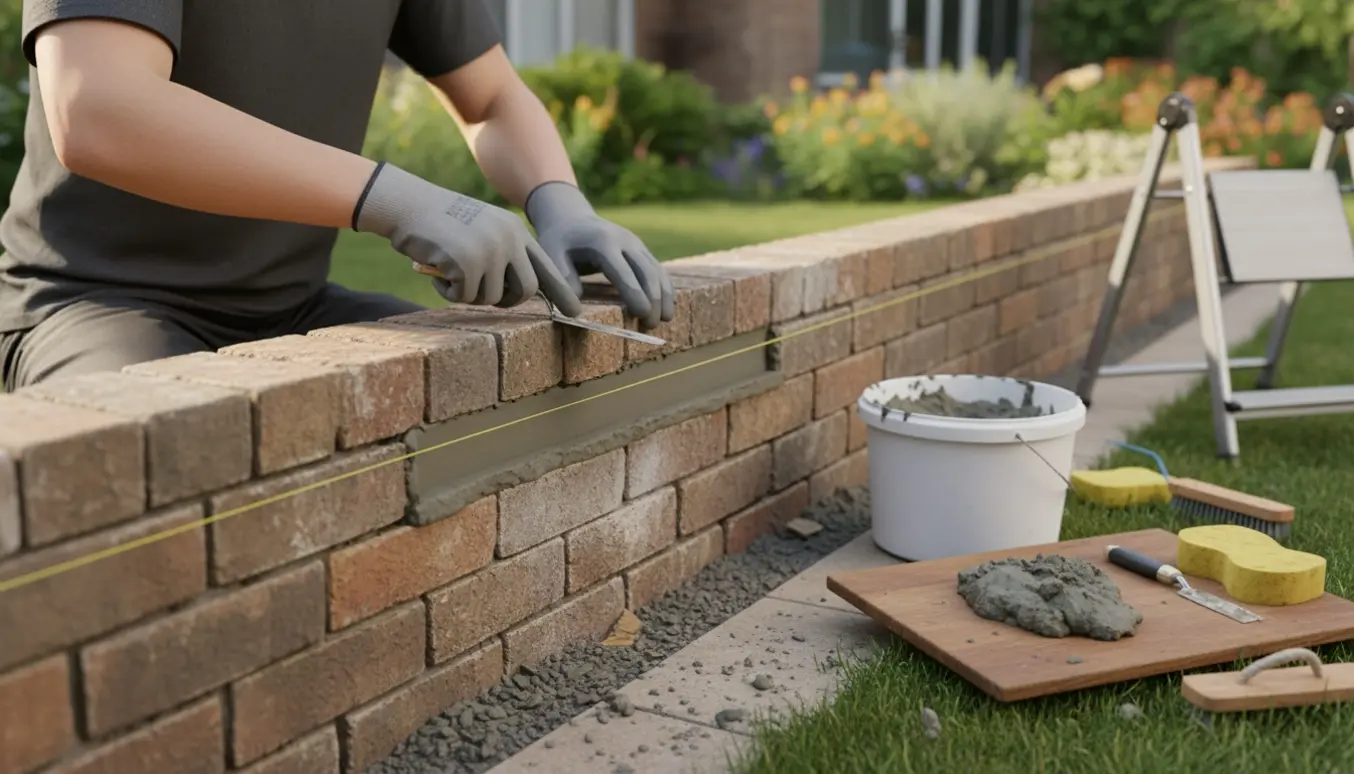 Nærbillede af reparation af lav mur med murske og frisk mørtel i en have.