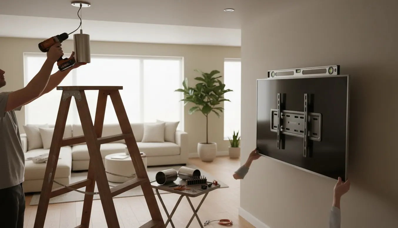 Hænder monterer tre loftlamper og hænger et 55-tommer TV på vægbeslag i en moderne stue.