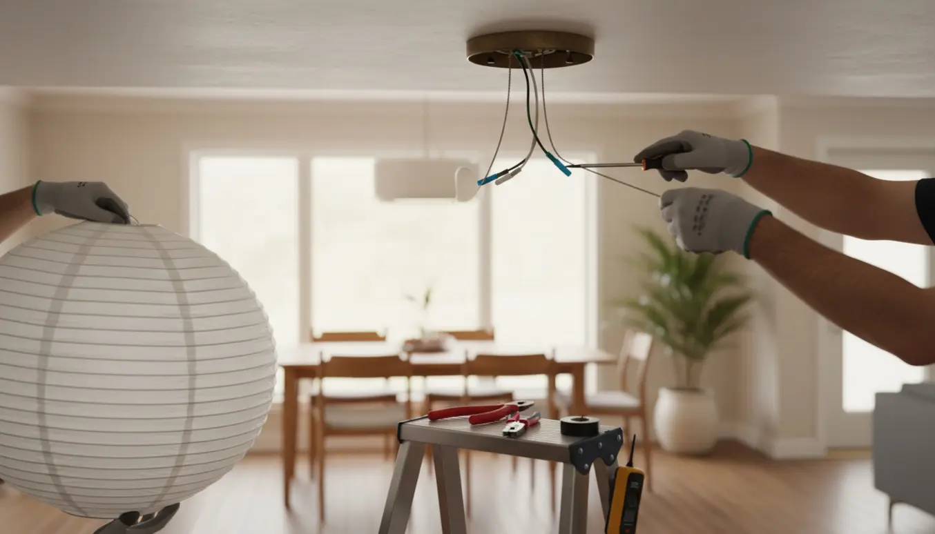 Hænder afmonterer en loftlampe med to wires og en ledning, mens en rispapirslampe holdes klar til opsætning.