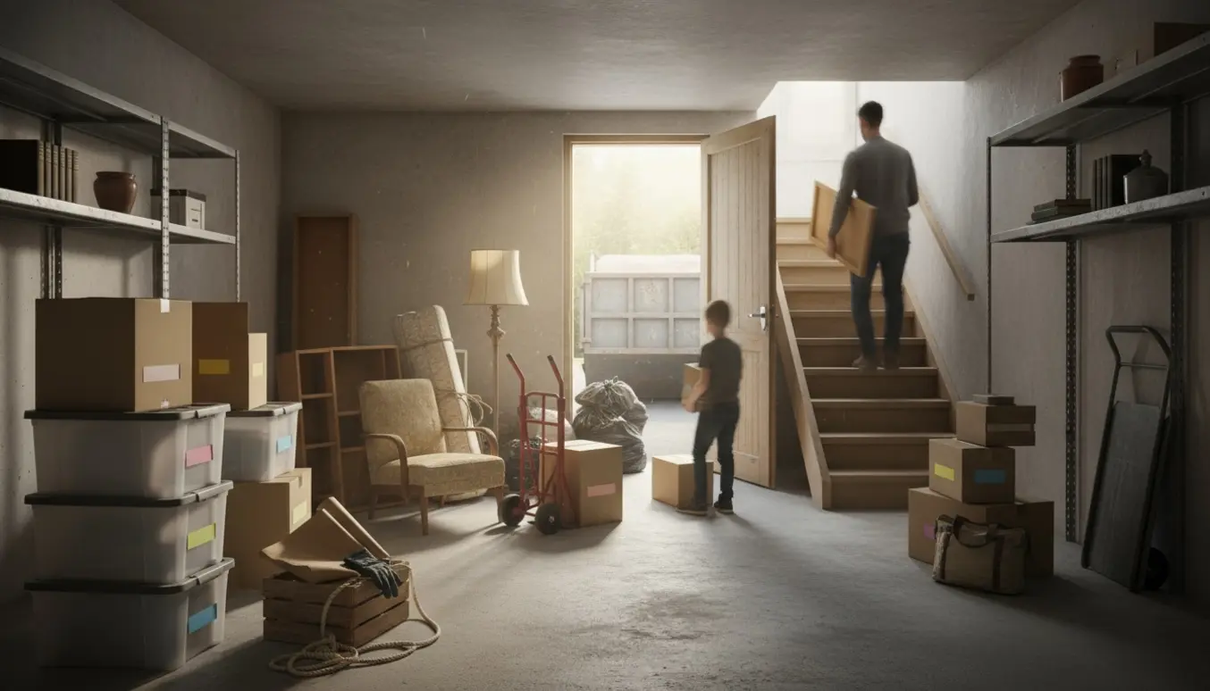 Kælderum bliver ryddet med stabler af kasser, storskrald og en container synlig gennem trappen.