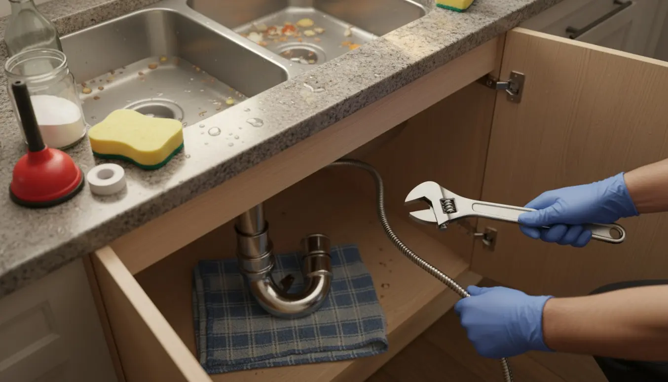 Hænder reparerer en stoppet køkkenvask med fjernet S-bøjning og værktøj på bordet.