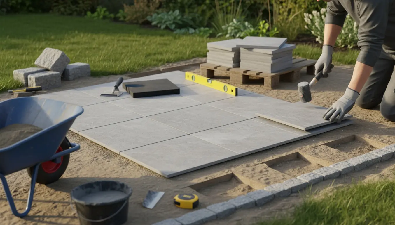 Ny flisebelægning i en lille have under anlæg med værktøj og en manglende kant af chaussesten.