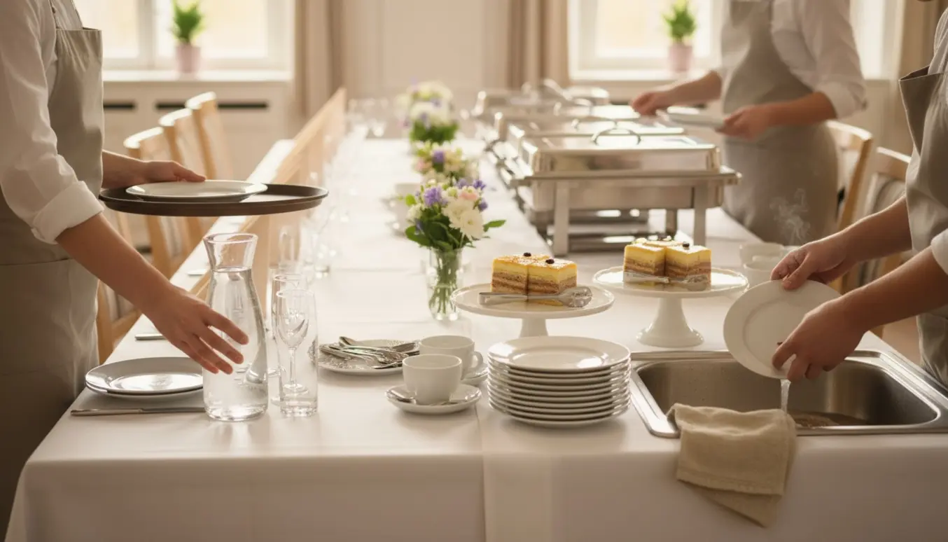 Hænder anretter buffet og kaffebord til konfirmation med fade, kopper og opvask i baggrunden.