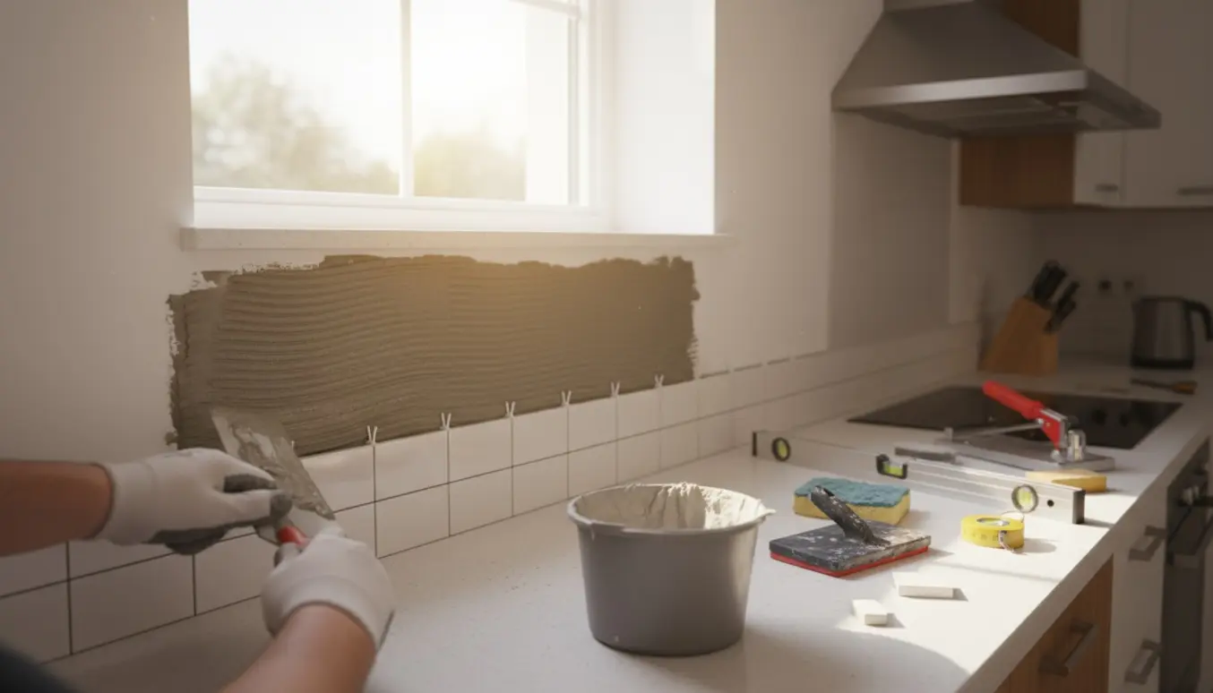 Hænder lægger keramiske fliser på køkkenets bagvæg og vindueskarm i et lyst, moderne køkken.