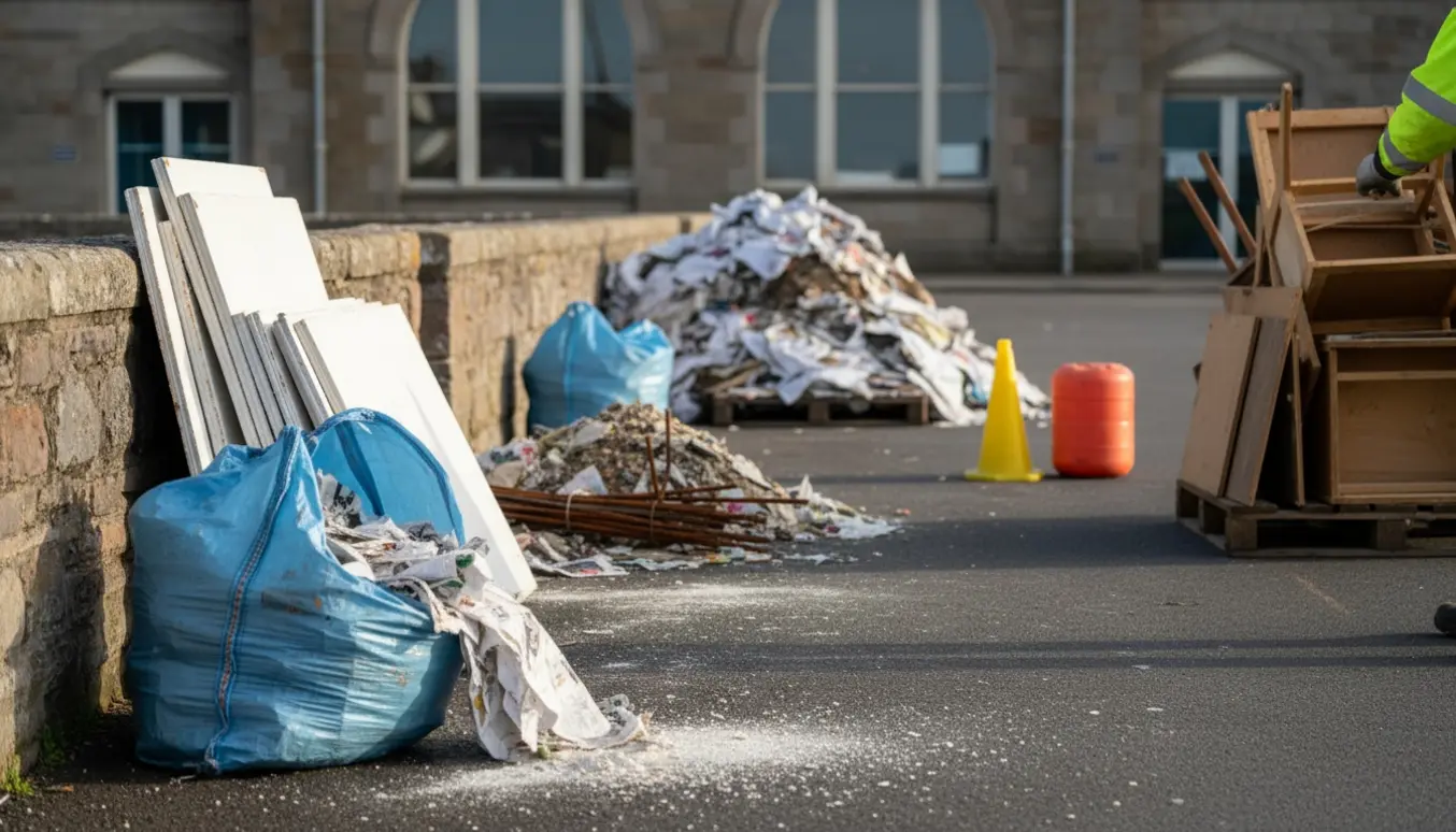 Vådt papir i en blå junkbag, gipsplader, metalstænger og møbelbunker samlet uden for Søfartsmuseet, med en gul kegle og orange tank til siden.