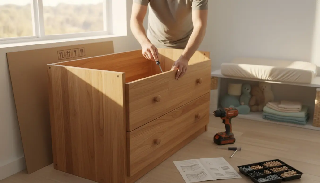 Næsten samlet kommode/puslebord i et lyst børneværelse med hænder, værktøj og åbent montagehæfte.