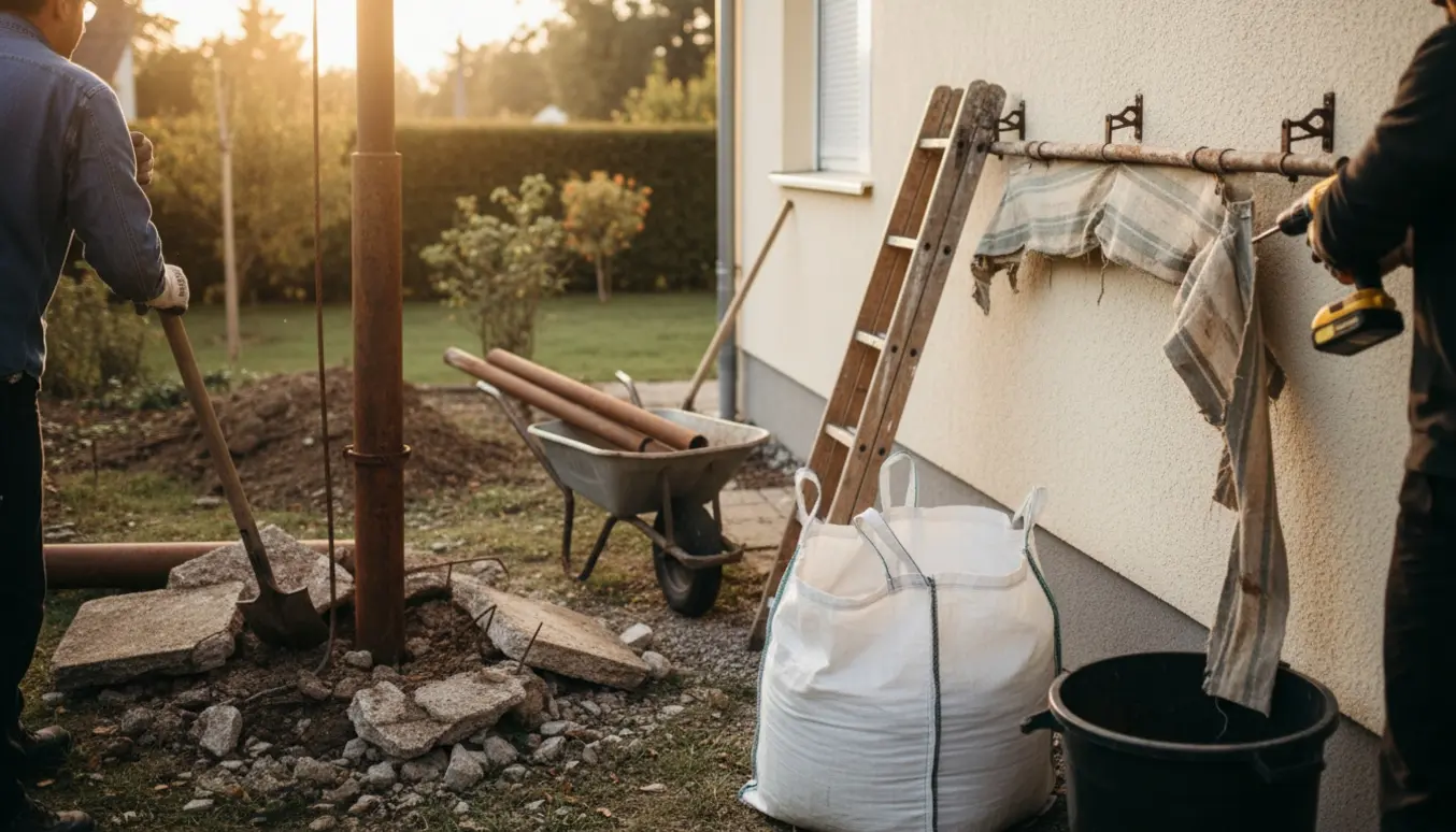 Fjernelse af gammel flagstang og nedtagning af slidt markise ved husmuren.