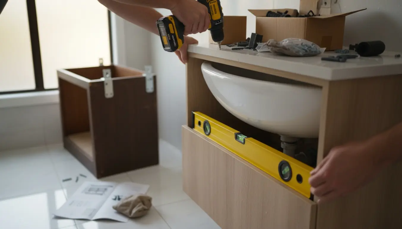 Et nyt væghængt badeværelsesskab bliver monteret over vasken, med værktøj og det gamle skab i baggrunden.