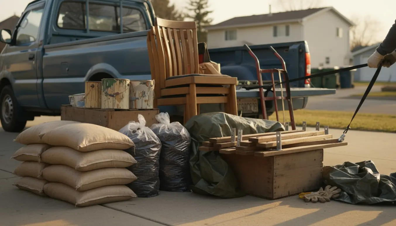 Pickup på indkørsel med stole, afmonteret bænk, gamle malerbøtter og stabler af plantesække og dækbark klar til afhentning.