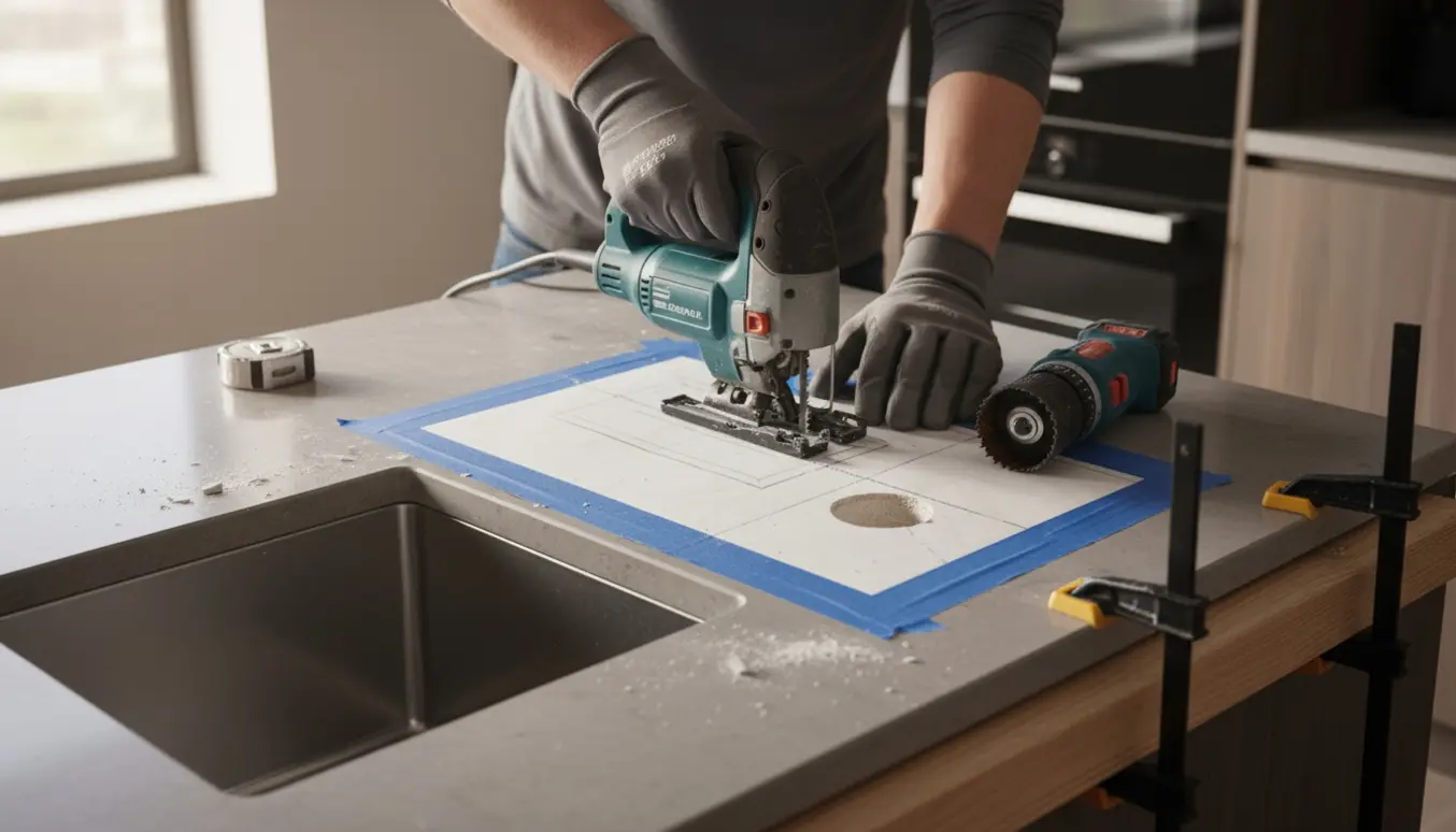 Nærbillede af håndværker, der saver hul i køkkenbordpladen til vask og hul til blandingsbatteri.