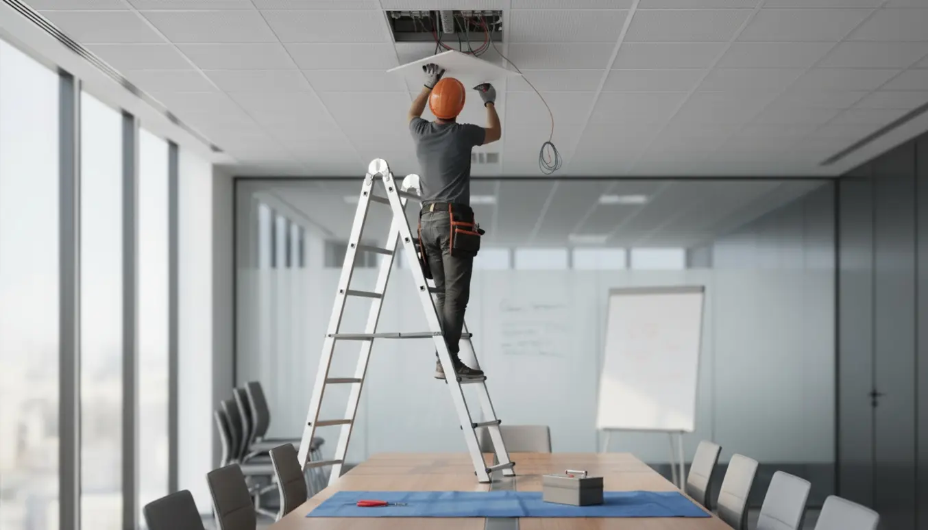 Høj stige i et mødelokale, en tekniker uden synligt ansigt fjerner en loftlampe med værktøj.