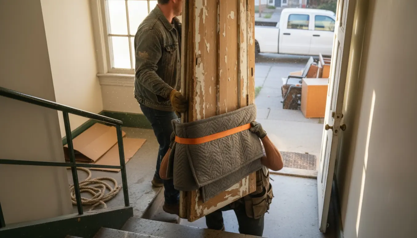 To personer bærer to høje skabslåger ned ad en opgang mod en storskraldsbil.