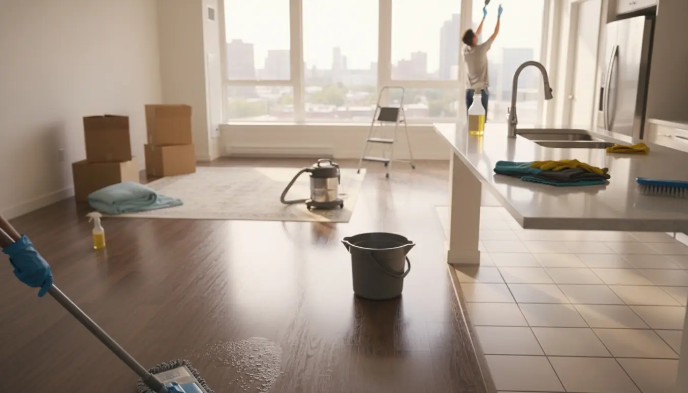 Lys tom lejlighed til flytterengøring med en person, der mopper gulvet, og rengøringsudstyr i baggrunden.