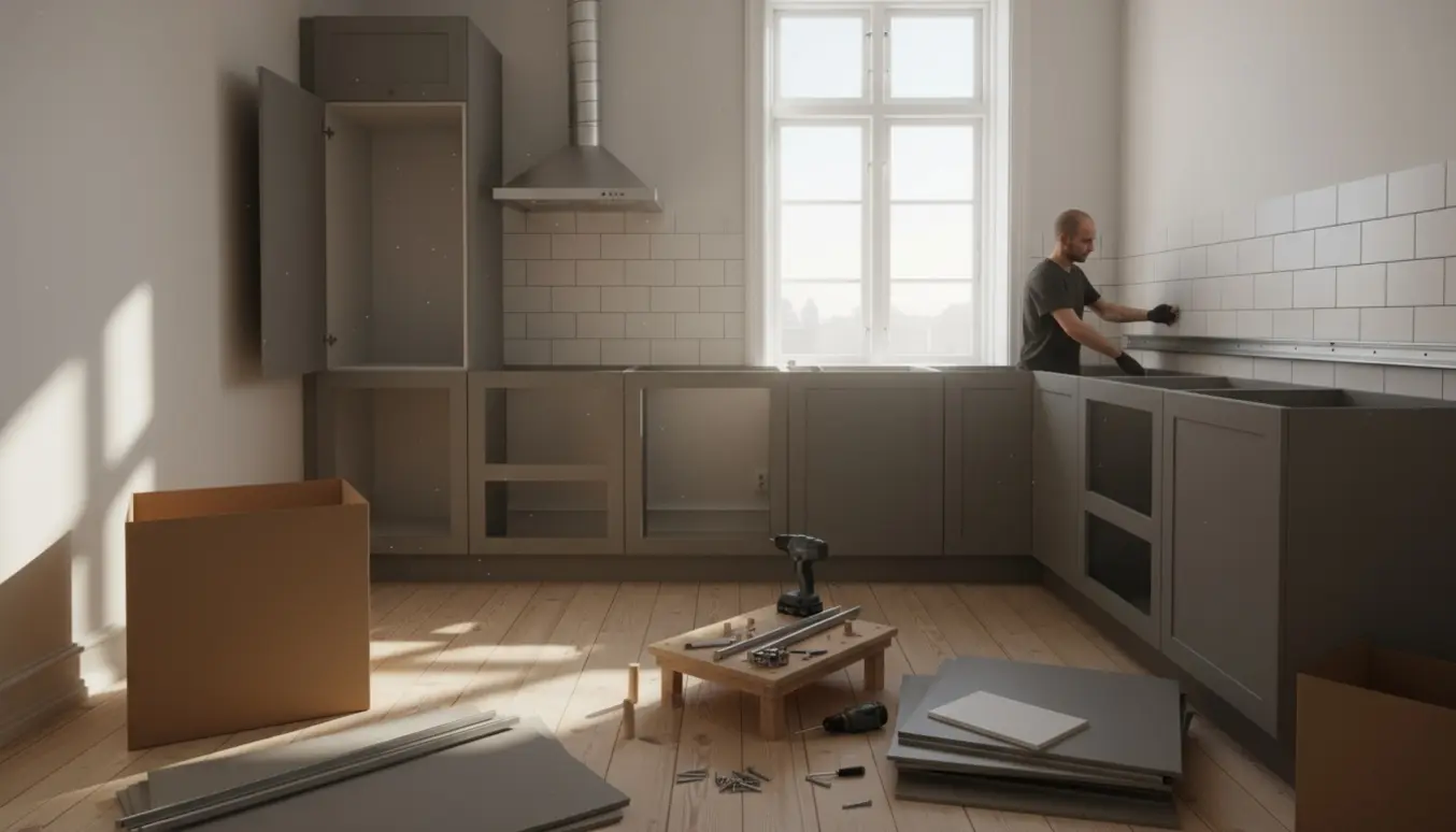 Smalt københavnerkøkken under montering med fladpakkede skabe og håndværkerhænder, der skruer et underskab fast.