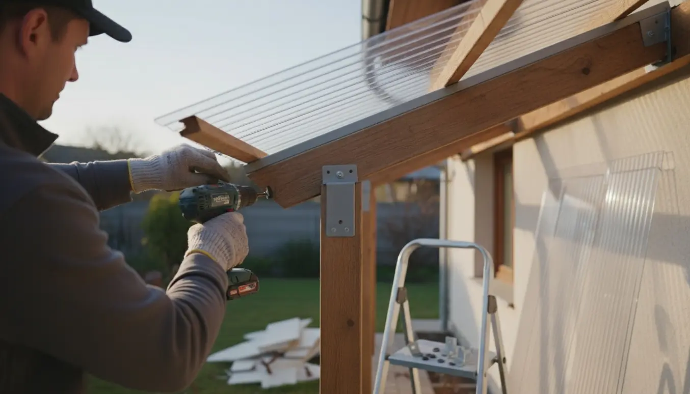 Installatør monterer transparent trapezplasttag på et lille udhæng med værktøj og fjernede rester ved siden af.